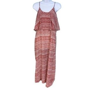 Hug Red & Cream Tribal Print Tiered Ruffle Maxi Dress Womens Size S